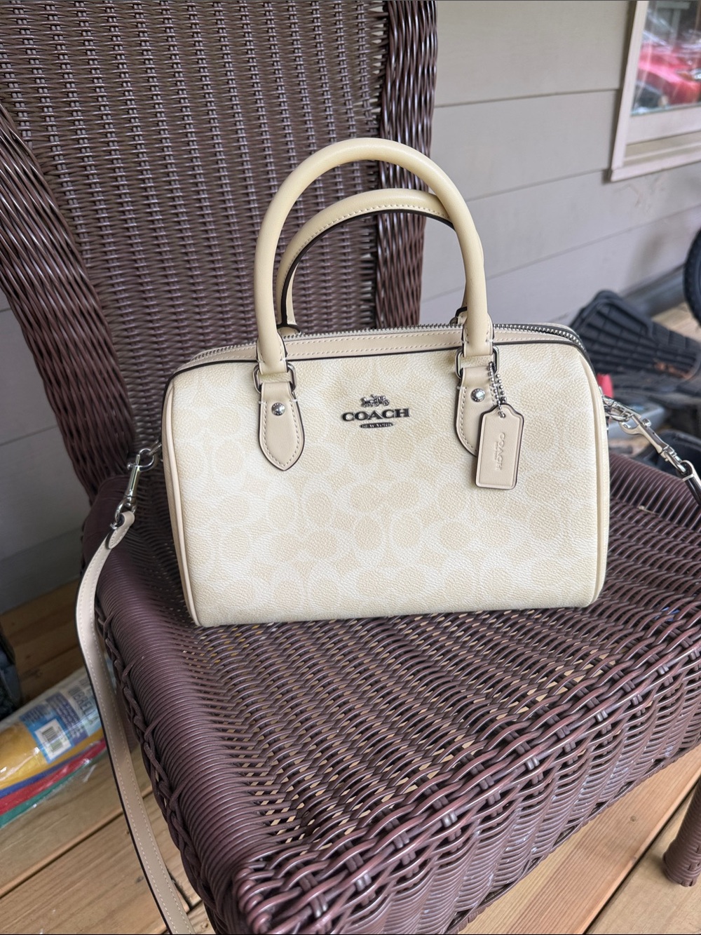 COACH Cream Signature Dome Satchel with Removable Strap